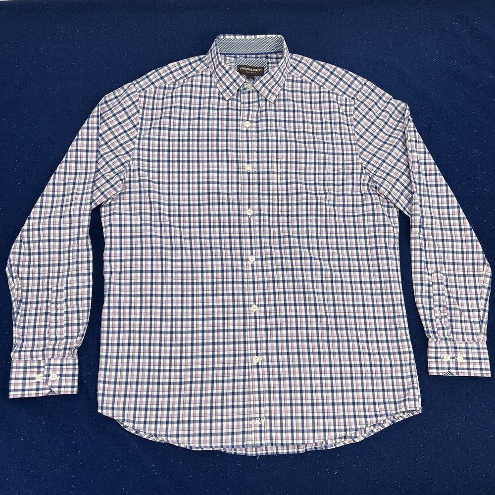 Johnston & Murphy Shirt Men L White Purple Plaid Flip Cuff Long Sleeve Button Up